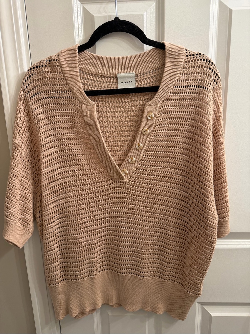 Varley Neutral Beige Open-Weave V-Neck Button Sweater